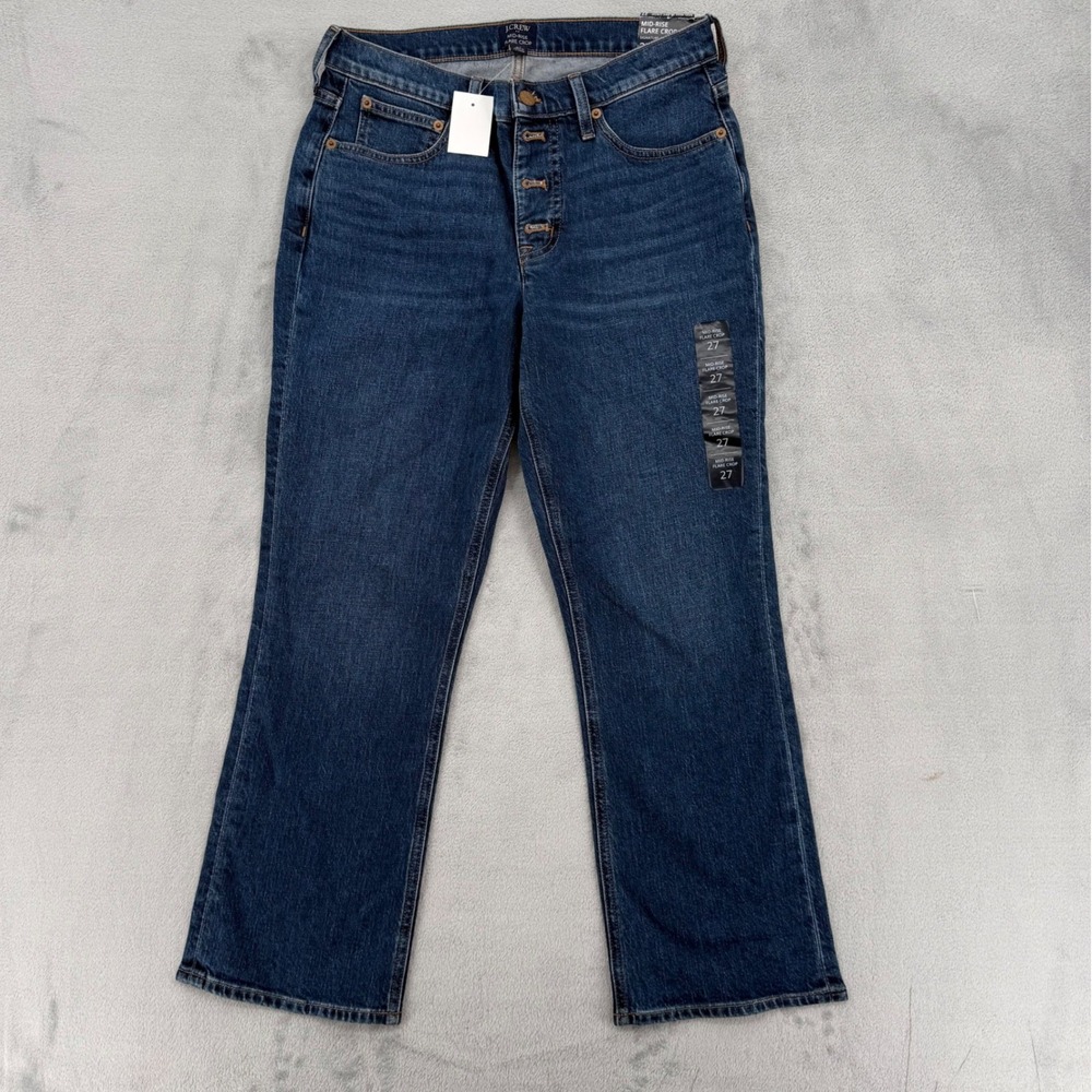 J.Crew Mid-Rise Flare Crop Jeans Signature Stretch Blue‎ Button Fly Size 27